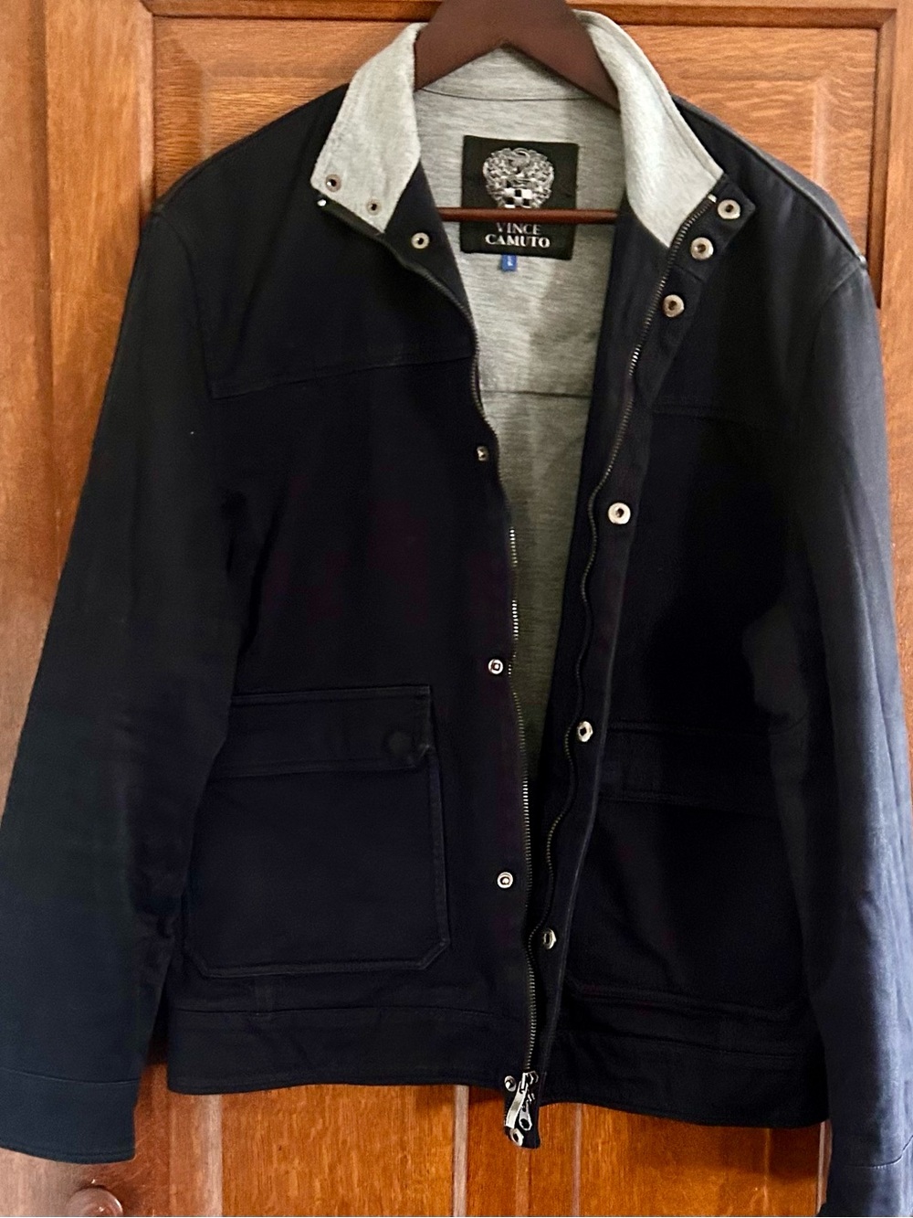 Vince Camuto Black Lightweight Zip & Snap Jacket with Gray Inner Collar